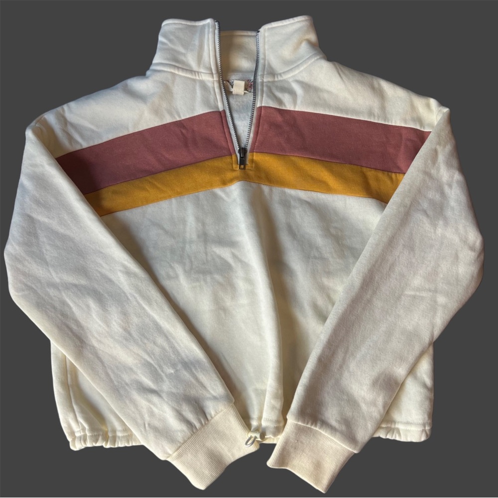 Cream Quarter-Zip Sweatshirt with Stripes